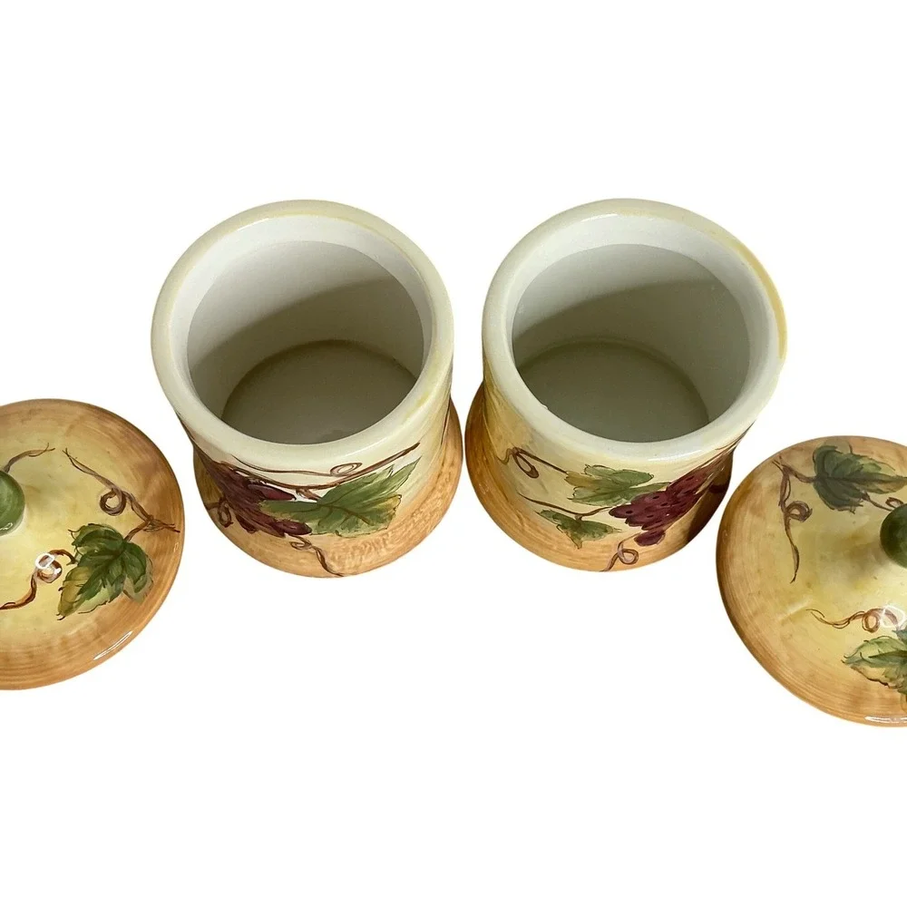 Charming Ceramic Canisters with Grapes and Leaves Set of 2 Vineyard Theme